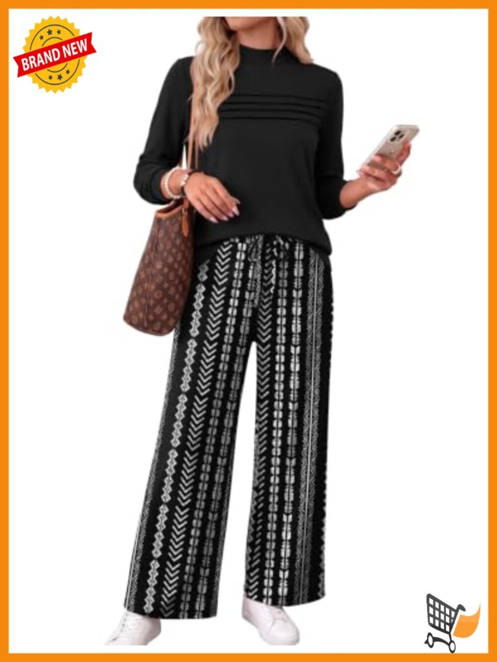 Two Piece Set Mock Neck Long Sleeve Top Wide Leg Pants Travel Casual